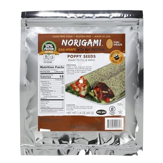 Norigami Egg Wraps with Soy Protein – Poppy Seeds. High Protein, Low Carb, Vegetarian. Thin Healthy Wraps -Certified Kosher, Non-GMO, Gluten Free -NOW Featuring 10 Wraps in a bag.
