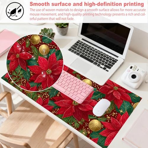Image of Nuxovilar Professional Large Mouse Pad & Computer Game Mouse Mat (35.4x15.7IN, Christmas Poinsettia & Gold Ornaments) (90 * 40cm Christmas Theme)
