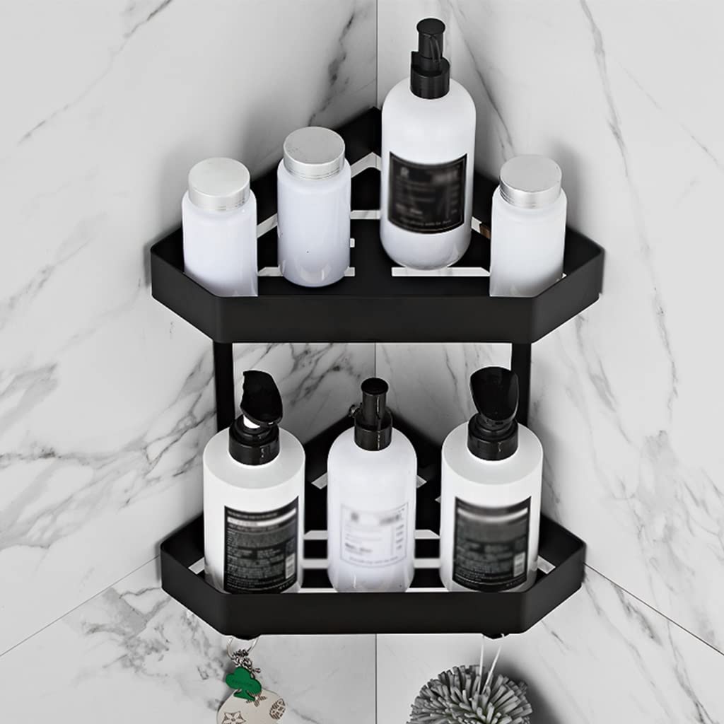 Scaffali da bagno squisiti Scaffale da bagno, Scaffale doccia da bagno cromato, Scaffale angolare da bagno nero in acciaio inossidabile, Portaoggetti da cucina grigio a parete (Color : Two Tier Black)