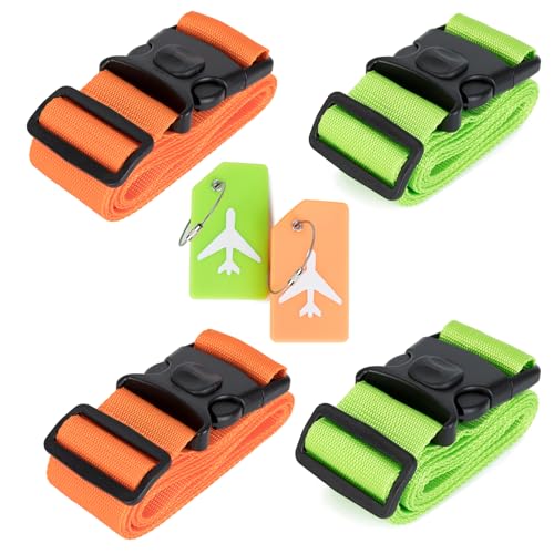 Luggage Straps for Suitcases,TSA Approved Adjustable Suitcase Belts,78" Long Travel Packing Belt with Double Buckle Closure Baggage Security 4 PCS Straps + 2 PCS Luggage Tags