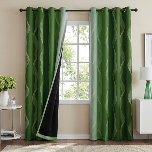 Image of MYSKY HOME Green and Greyish White Ombre Blackout 95% Curtains 90 inch Long 2 Panels Set for Living Room Bedroom Thermal Insulated Wave Line Foil Print Design Grommet Drapes, 52 inch W Each Panel