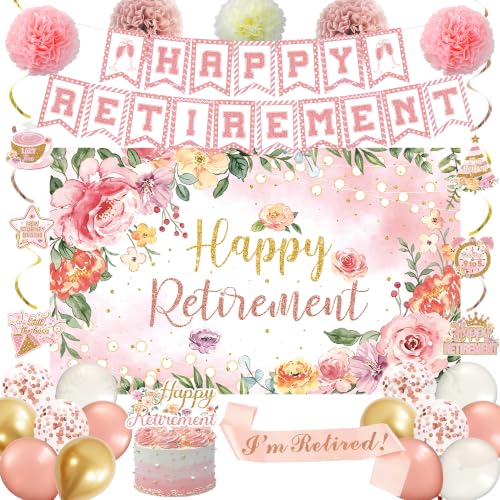 Holkcog Retirement Party Decorations for Women, Pink I’m Retired, Floral Happy Retirement Backdrop Banner with Balloons Sash Cake Topper Pom Poms, Retiree Farewell Going Away Party Supplies