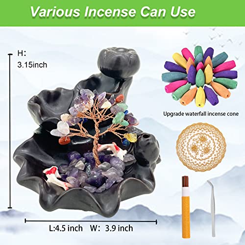 Zvaiuk Ceramic Waterfall Incense Burner, Crystal Backflow Incense Holder With Update 30 Backflow Incense Cones + 50 Incense Stick ，Mat，Tweezers, Aromatherapy Yoga Decor… (Black) #TOP1