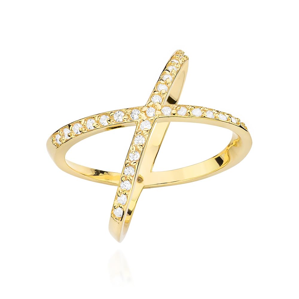 Verlobungsring Damen mit Zirkonia Stein 333 Echtgold 8K X Ring Cross Ring mit Zirkonia Kreuzring Verlobungsring Damen Schmuck Box Geschenk für Frauen
