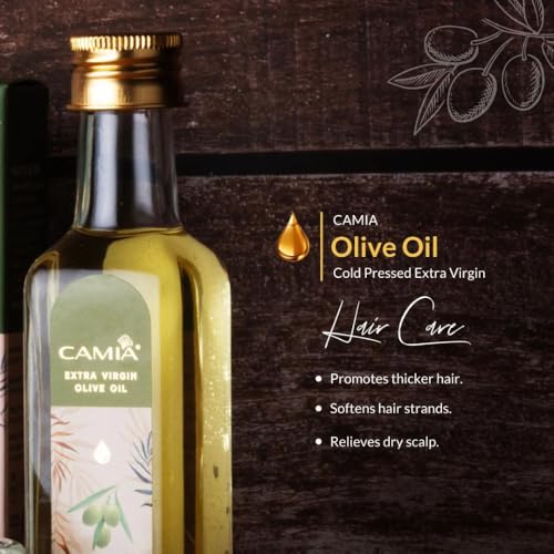 Image of CAMIA - Organic Cold Pressed Olive Oil for Skin & Hair | Natural Skincare & Hair Treatment | Strengthen Hair Roots & Deeply Moisturizes Skin | 1000 ML Glass Bottle