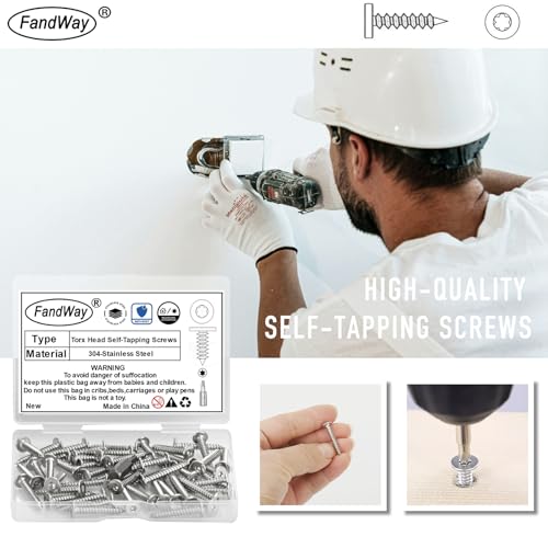 FandWay M3x16mm Torx Flachkopf Blechschrauben,Senkkopf Selbstschneidende Schrauben,100 Stück Edelstahl A2 V2A Holzschrauben,Flachem Kopf Selbstbohrende Schrauben Vollgewinde mit 1 T8 Bit Und Kasten.