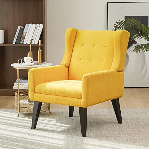 ELUCHANG Upholstered Accent Chair,Mid Century Modern Fabric Armchair,Comfy Wingback Chairs for Living Room Bedroom(Yellow)