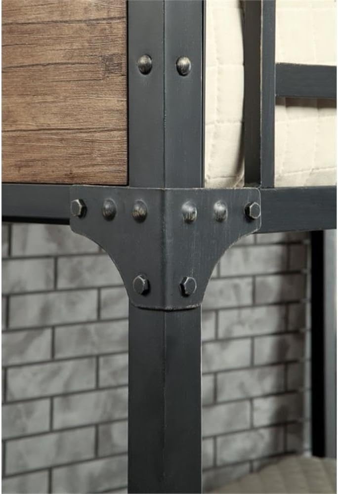 BOWERY HILL Modern Full Over Full Bunk Bed, Steel Metal/Wood Frame, Black Finish, 78.38" W x 55.75" D x 66.5" H, Attached Ladder, Safety Railing, Rustic Style Kids or Guest Bedroom Furniture