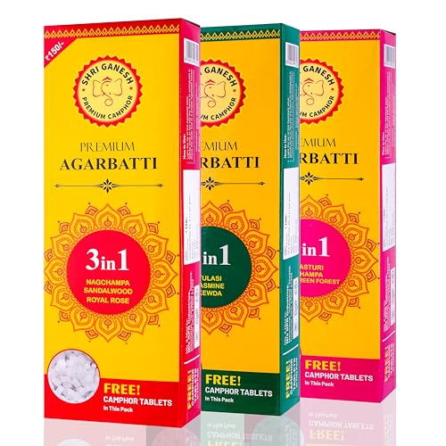 Image of Shri Ganesh Premium Agarbatti | 3-in-1 Incense Sticks | Pack of 3 (210 g Each) | 9 Fragrances Multi-Pack for Puja and Meditation
