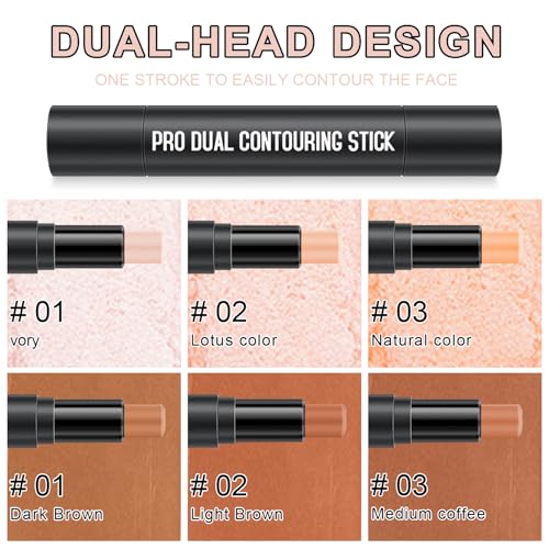 6 Colors Cream Contour Stick Makeup Kit, Shades with Highlighter Stick, Blush Stick and Bronzer Stick for Sculpt the Cheeks, Double-End Bronzer Stick, Waterproof,Dewy & Matte Finish (SET B) - Thumbnail 5