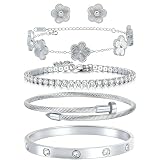 Freinit Bracelets and Earrings Set for Women 5Pcs 18K Gold Plated Nail love Bangle Bracelet Set Adjustable Bracelet Stackable Flower Tennis Bracelet Gifts for Christmas Valentines Women's Day and Mother's Day (Silver)