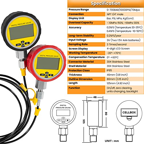 70M Digital Hydraulic Pressure Test Coupling Kit Hydraulic Pressure Gauge Kit for Excavator Construction Machinery 2 Gauges 2 Test Hoses 11 Couplings 700BAR/10000PSI/70Mpa