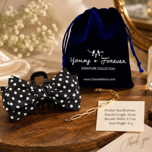 Image of Young & Forever Polka Dot Bow Hair Claw Clip for Women & Girls - Oversized Black and White Fabric Bow Hair Accessories for Thick Hair, Stylish French Hair Clips