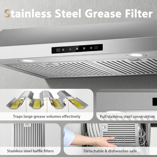 Image of Range Hood 30 inch Under Cabinet, 800 CFM Stainless Steel Range Hood with Gesture and Touch Control, kitchen hood with Carbon Filter, 3 Fan Speed, Ducted /Ductless Convertible