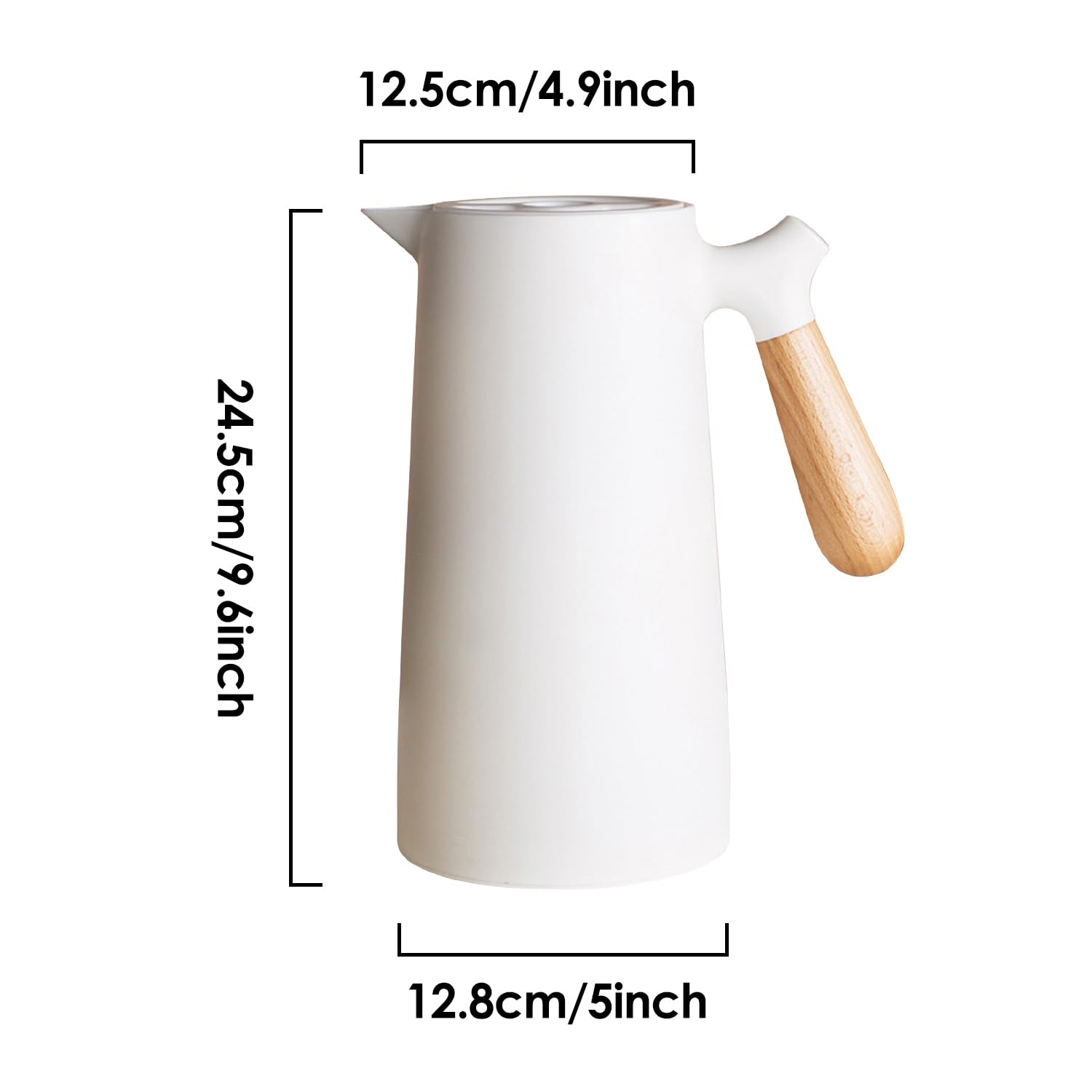1L Carafe à Café Isotherme, Théière à Café Sous Vide à Double Paroi avec Doublure en Verre, Thermos à Café Isolé avec Poignée en Bois, Gardant Chaud et Froid(Blanc)