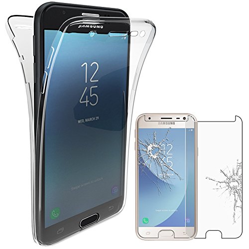 ebestStar - Funda Compatible con Samsung J3 2017 Galaxy SM-J330F Carcasa Gel Silicona Integral Ultra Claro, Protección Completa Case Cover, Transparente + Cristal Templado