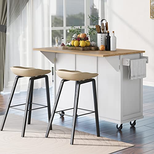 Modern Mobile Kitchen Island Cart With Rubber Wood Drop-Leaf Countertop And Internal Storage Racks,Cabinet With 5 Wheels And 3 Drawers,For Dining Room, Bathroom (White@E) #TOP3