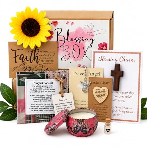 Christian Blessing Gift Box – Inspirational Faith Care Package, Religious & Christian Gifts for Women & Men with Prayer Quilt, Sunflower, Cross Charm & Mustard Seed Faith Jar