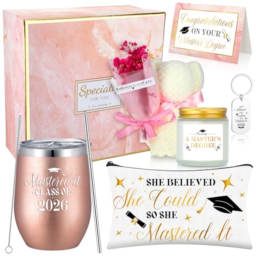 Jingmore 8 Pcs Graduation Gift Set for Women Including Tumbler Makeup Bag Soy Candle Keychain Bear Towel Greeting Card and Gift Box Graduation Presents for Her (Masters Degree)