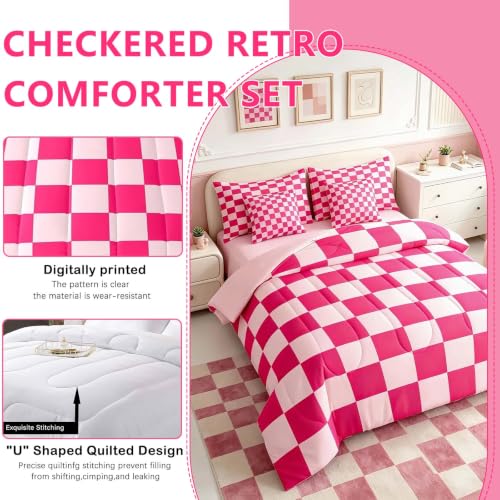 Image of Feelyou Checkered 7 Piece Bedding Set Teen Women Boho Modern Cute Aesthetic Decorative Girly Comforter Set with Sheets Full Size Kids Boys Geometric Chic Bed in a Bag Pink White Plaid Room Decor