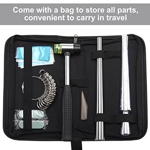 Potlimepan Ring Sizer Measuring Tool With Handbag，Including Ring Mandrel Sizer, Rubber Hammer, Solid Metal Stick, Ring Sizer Guage, Polishing Cloth, Polishing Stick And Polished Agate #TOP1