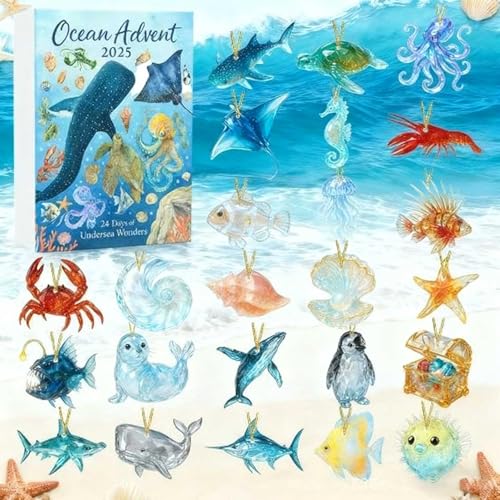 Image of Sea Glass Ornaments, Sea Glass Advent Calendar Ocean 24 Days Of Ocean Themed Holiday Surprises 2d Acrylic Handmade Collectible Ornaments Holiday And Home Decoration Calendar Containing 24 Ornament