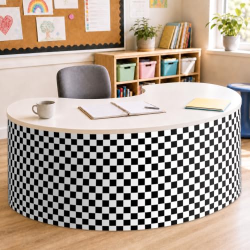 Image of 9FT Black and White Checkered Table Skirt Teacher Desk Skirt for Classroom Rectangle Back to School Tablecloth for Race Car Birthday Party Decorations Kindergarten Office Dorm Bookcase Cabinet
