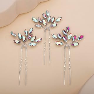 3pcs Vintage AB Crystal Hair Pins Set for Wedding Brides Women Girls Handmade Sparkle Hair Jewelry Piece (AB Color)