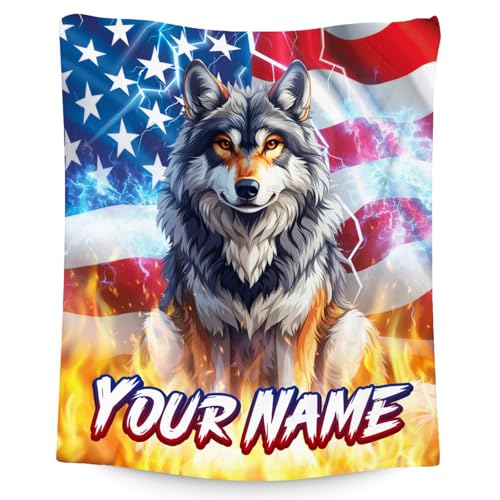 Personalized Boys Blanket - Wolf Blankets for Men - Custom Gifts with Name - Soft Flannel Throw for Couch, Bed - 4 Sizes