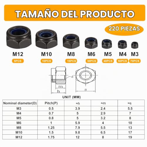 Miniatura 2 de Tuercas De Bloqueo, 220 Piezas Hexagonales Y Autobloqueantes, Puntas Roscadas De Seguridad, Surtido Set M3, M4, M5, M6, M8, M10, M12, Negro