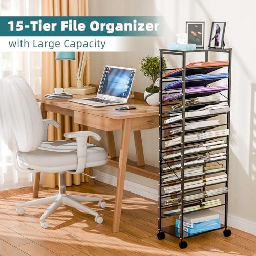Ekisemio 15 Tier Rolling File Cart, Mobile Desk File Organizer with Metal Mesh Paper Letter Storage Multi-Functional Rolling Cart for Office, Home, School, Black - Thumbnail 2