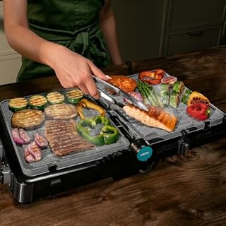 Cecotec Griglia Elettrica con Grill Rock’nGrill 2200 Dual. 2200W, Apertura 180º, Dual Temp, Rivestimento Antiaderente RockStone, Piastre Reversibili, Raccogli Grassi, Indicatore Luminoso, 29x23cm