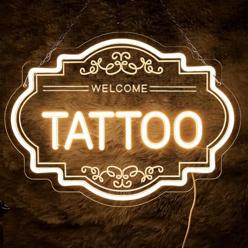 Image of Tattoo LED Neon Sign, 14 x 11 In Dimmable Light Up Wall Decor | USB Powered Dimmable Light up Tattoo Signs Decor for Bussiness Shop Studio & Salon, Gift for Artists, Include Hanging Chain