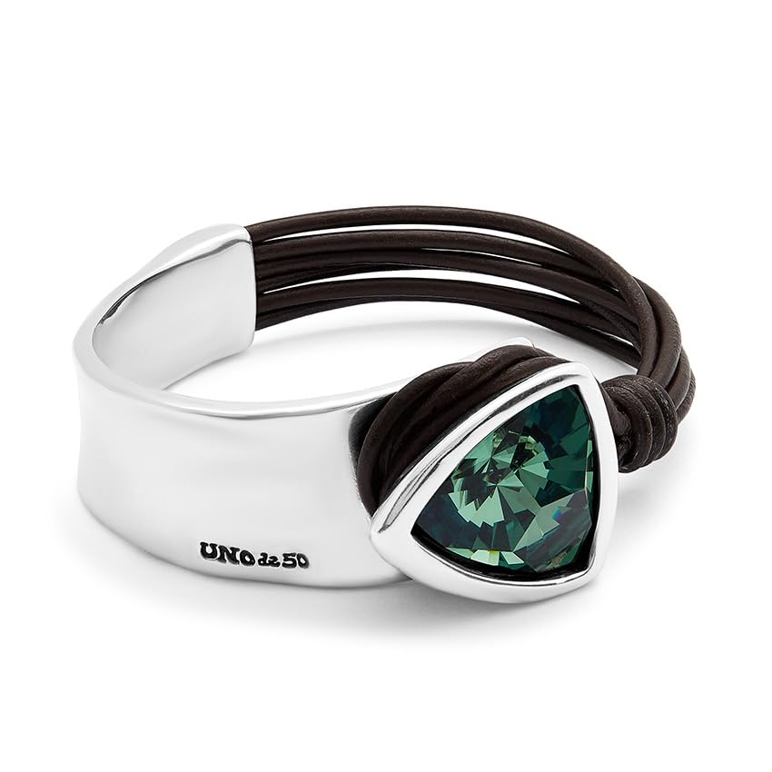 Uno de 50 | Bracciale rigido da donna | Pelle e placcato argento sterling | Cristallo verde sfaccettato | Taglia M | Gioiello fatto a mano | Prodotto in Spagna