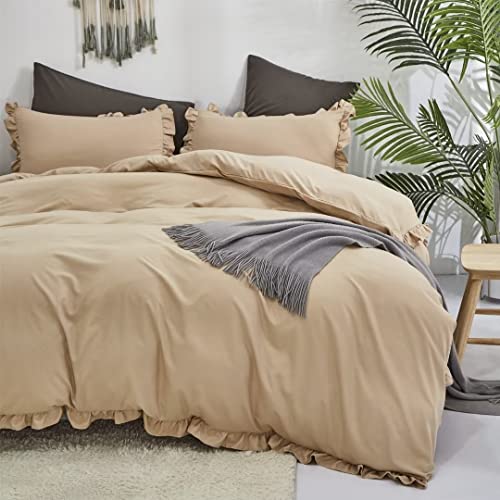 Wellboo Beige Ruffle Comforter Set Full Light Khaki Lace Women Bedding Comforters Cotton Adults Girls Solid Light Taupe Quilts Soft All Champagne Vintage Shabby Chic Blankets Plain Beige Rustic Bed #TOP1
