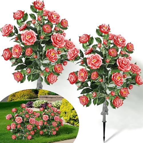 Lunmon 2 Pack 3ft Artificial Camellia Plants Tree 36" Faux Camellia Flower with Spike UV Resistant Realistic Fake Floral Blooming Bush for Indoor Outdoor Front Door Porch Backyard Garden, Red White by Lunmon - Used condition - US$43.56