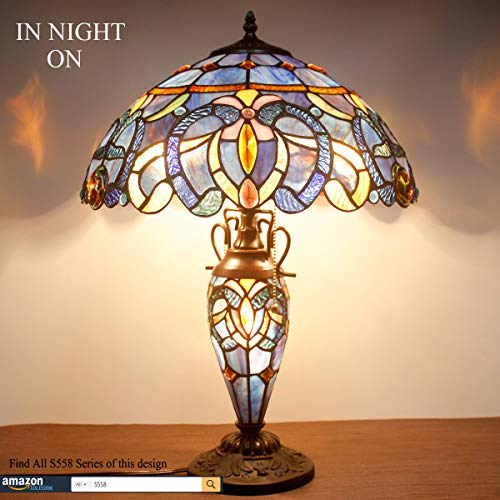 Werfactory Tiffany Style Table Lamp Blue Purple Cloudy Stained Glass Mother-Daughter Vase Lamp 16X16X24 Inches Desk Reading Light Decor Bedroom Living Room Home Office S558 Series #TOP2