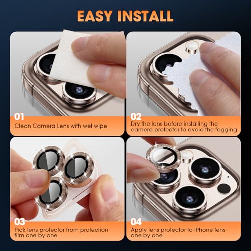 Image of for iPhone 16 Pro /16 Pro Max Camera Lens Protector Bling Individual Metal Glitter Ring 9H Hardness Scratchproof Protector, Stylish Phone Accessories, Case Friendly (Glitter Titanium Desert)