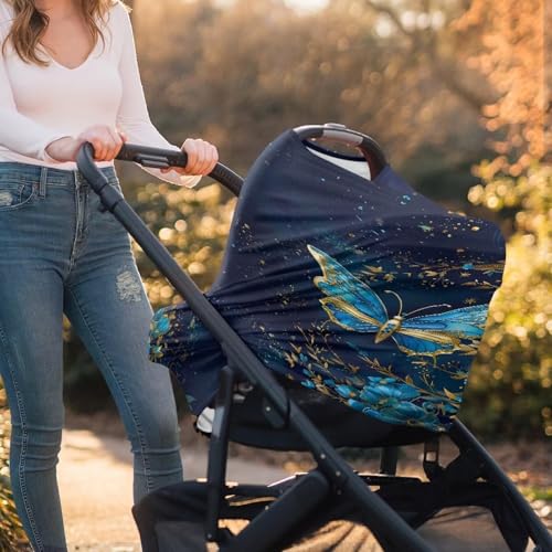 Image of Blue Butterfly Car Seat Canopy for Baby Girls,Floral Pattern Nursing Cover Elastic Breastfeeding Cover Soft Car Infant Seat Cover