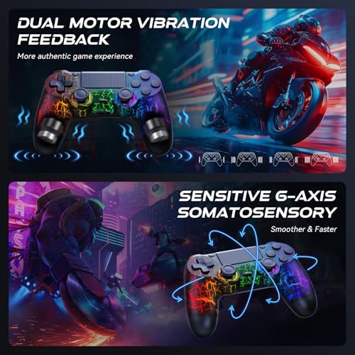 GamingBoy 2 Pack Wireless Controller for PS4, Crack Design Remote Control for Ps4/Slim/Pro/PC with Led RGB Light-up,Hall Effect Joystick,Type-C Port,1000mah Battery,Vibration,6-Axis Sensor,Audio Jack - Thumbnail 4