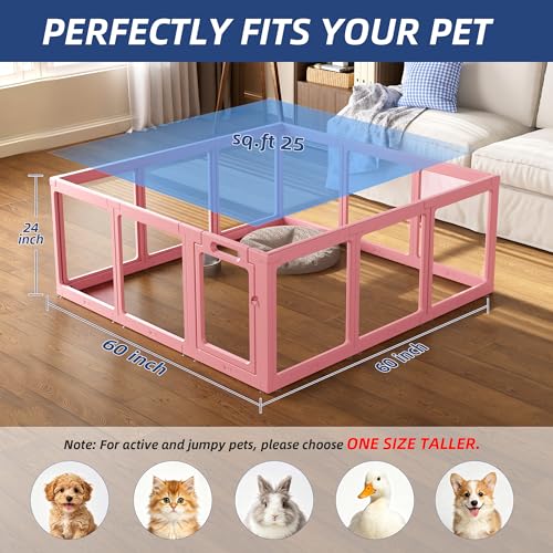 Image of Clear Acrylic Dog Playpen Indoor, Puppy Cat Small Pet Play Pen, Pet Cat Playpen for Rabbits, Dog Fence Crate Kennel Whelping Cage (Pink, 12 Panel)