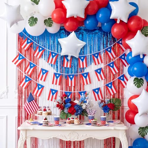 Nimbus Verse 134 Pcs Puerto Rico Party Decorations Puerto Rican Birthday Decorations with 100 Red White and Blue Balloon 2 Tinsel Backdrop 2 Flag Banner 2 Star Ballon 20 Palm Leave for Patriotic Party