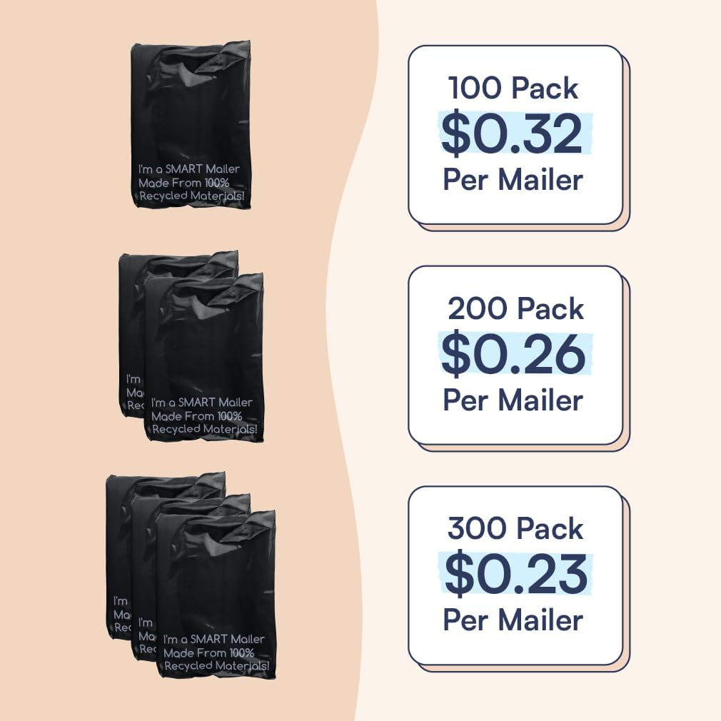 SMART 10x13 Recycled Poly Mailers - 300 Pack of Black Eco-Friendly Packaging Mailing Bags | Recyclable & Sustainable, Cute & Stylish Small Business Supplies | 2.5 Mil Thick - 300 Pack