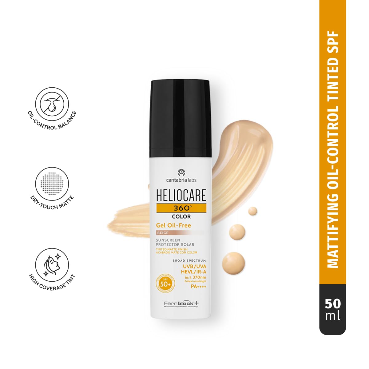 Heliocare 360º Kolor żel bez oleju SPF 50+ - Zaawansowana ochrona przed światłem z kolorem, lekką teksturą, skórą mieszaną lub tłuszczem, matowym wykończeniem i suchym dotykiem, beżowym, 50ml