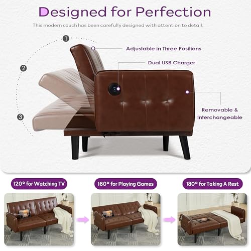 Image of TYBOATLE 65 inch Convertible Futon Sofa Bed w / 2 USB,Tufted Small Adjustable Folding Couch Loveseat, Modern Mid Century Faux Leather Sleeper Sofa for Living Room, Bedroom,Office, Brown