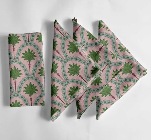 Vargottam Pink Cotton Muslin Napkins - Set of 12, 20x20 Inches, Elegant Palm Arch Print, Perfect for Spring Celebrations, Tea Parties, and Daily Dining - Machine Washable