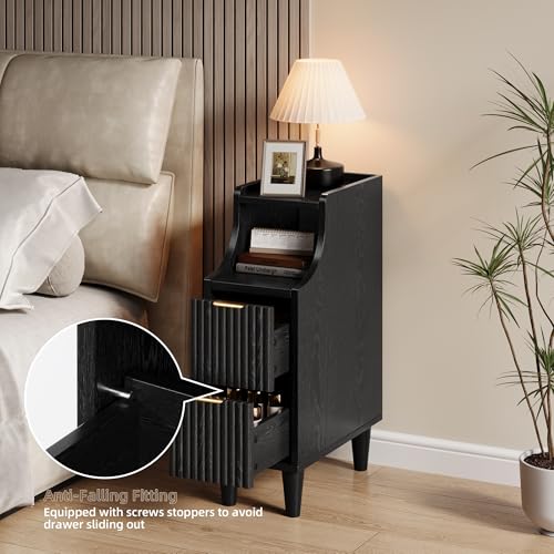 Image of Fluted Nightstands Set of 2,Narrow Bedside Table with 2 Drawers & Storage, Farmhouse Walnut End Table Modern Side Table for Bedroom Livingroom Sofa Office, Small Space