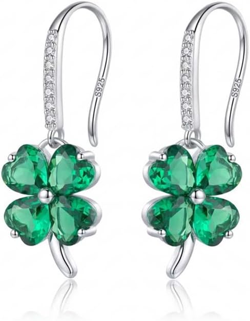 Reffeer Solid 925 Sterling Silver CZ Clover Leaf Earrings Drops for Women Teens Shamrock Earrings Drops Green St Patrick’s Day