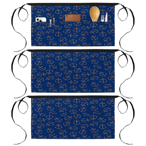Demi-tablier court 3 poches motif ancre sur fond bleu pour travail et restauration