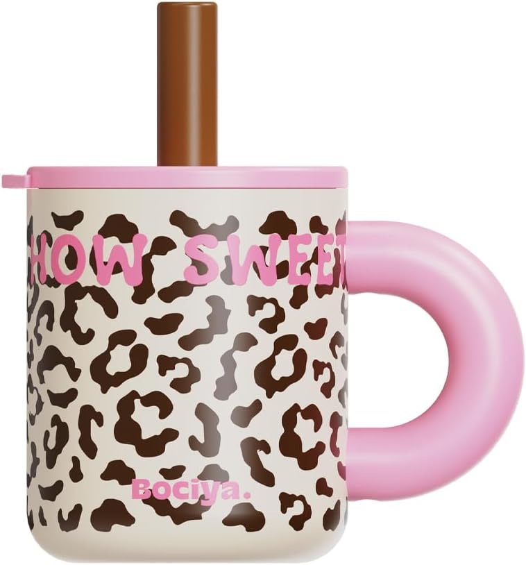 ZZT 17 oz Tumbler with Handle & Straw Lid –leopard print Insulated Stainless Steel Water Bottle,dual-use, built-in glass integrated cup,used as glass bottle, Hot/Cold Drink (leopard print)